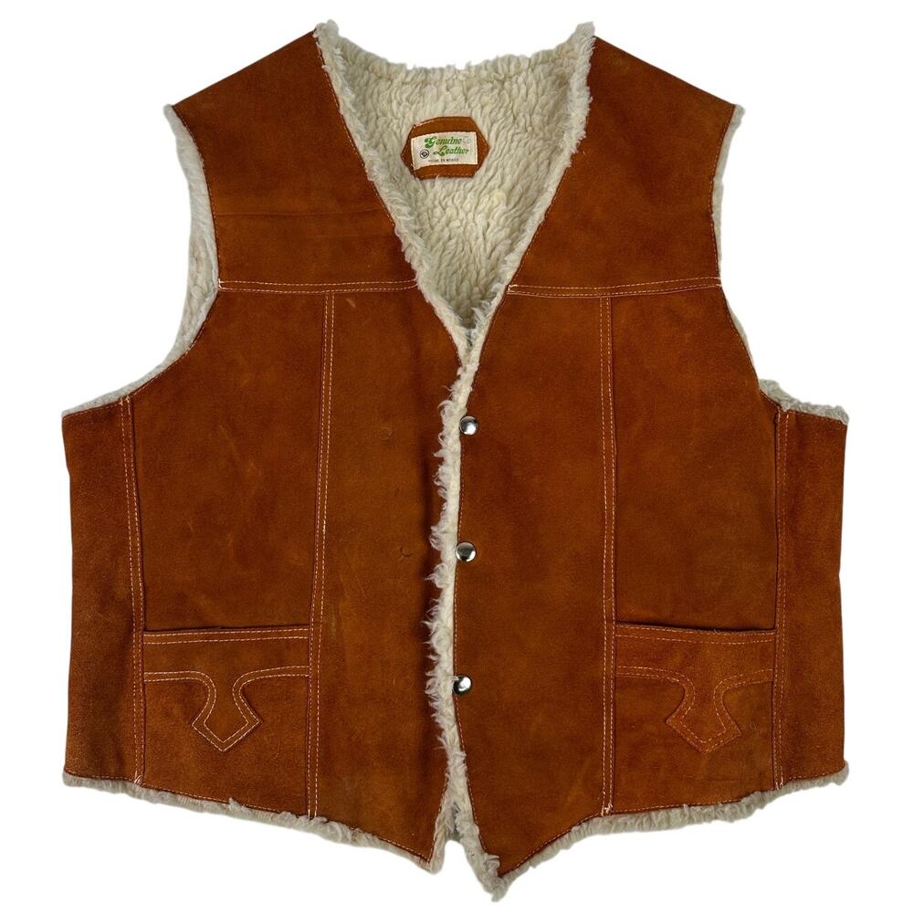 Vintage Western Burnt Orange Genuine Suede Leather Sherpa Lined Vest Men's Sz XL
